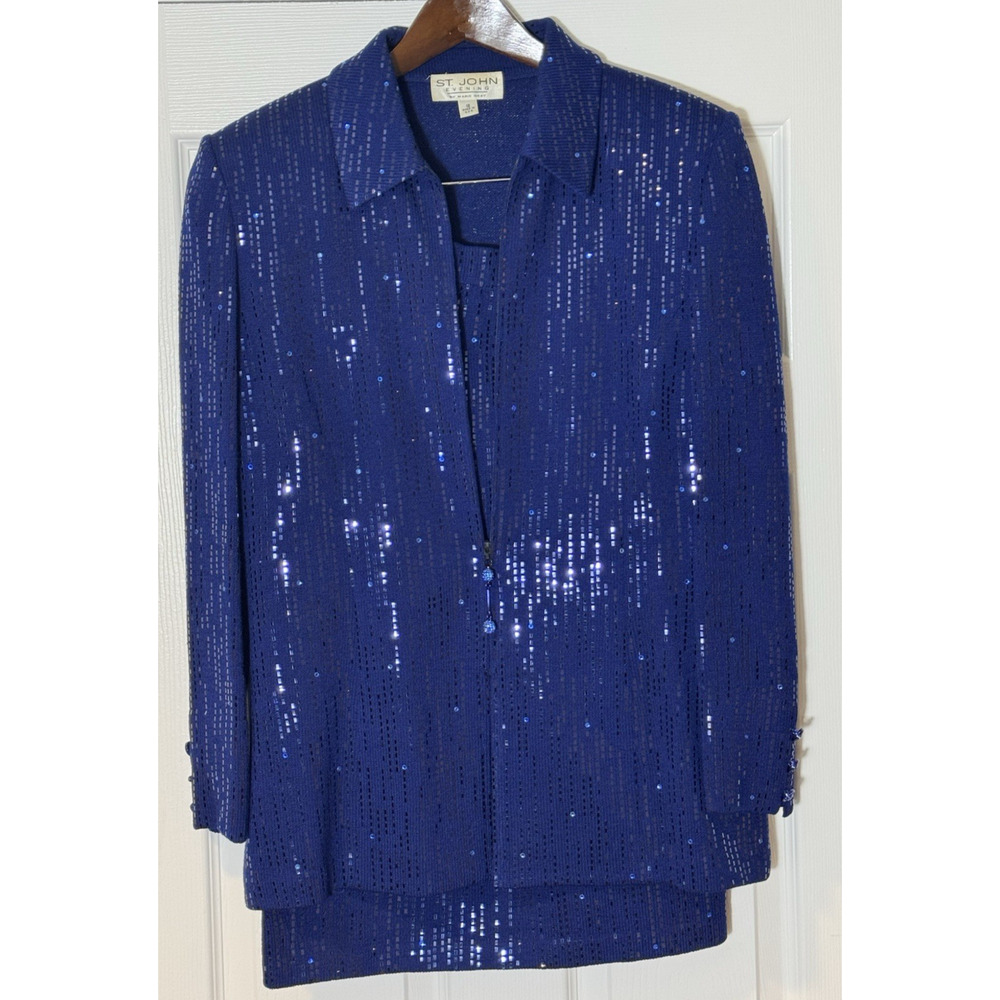 ST. JOHN Evening by Marie Gray Cobalt Blue Paillette Sequin Suit - Size 12